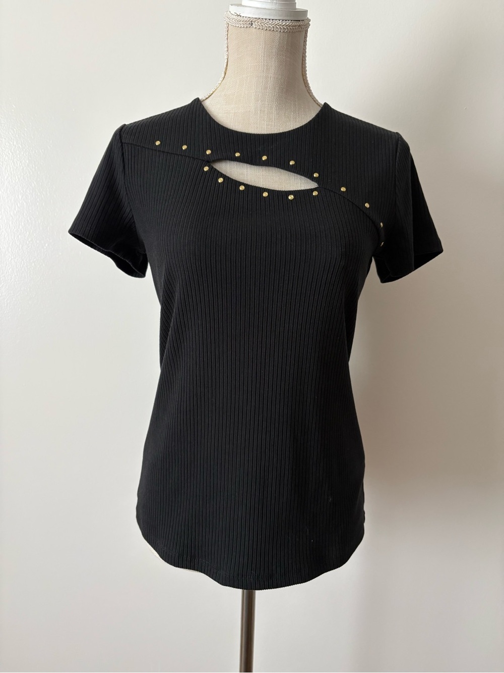 INC International Concepts Black Ribbed Short Sleeve Top with Gold Stud Details